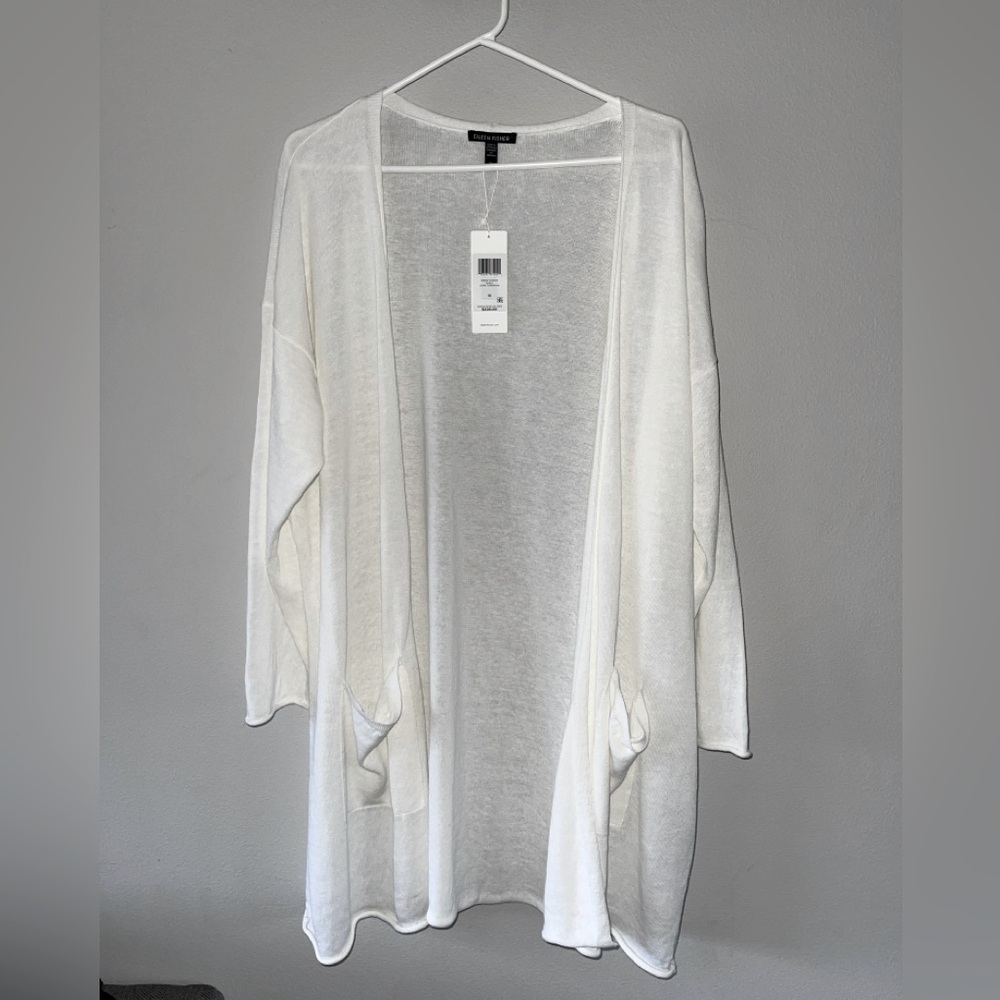 Eileen Fisher White Long Cardigan with Pockets. Organic Linen & Cotton 1X